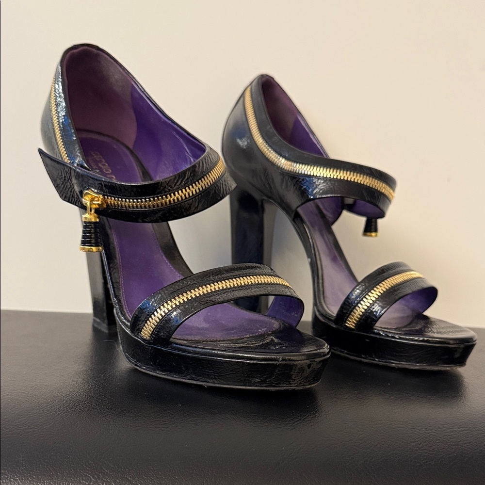 Sergio Rossi Black and Gold Zipper Heels